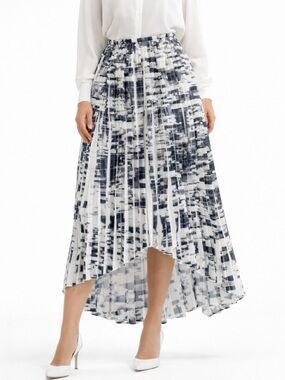 W by Worth Black and White Abstract Pleated High-Low Skirt